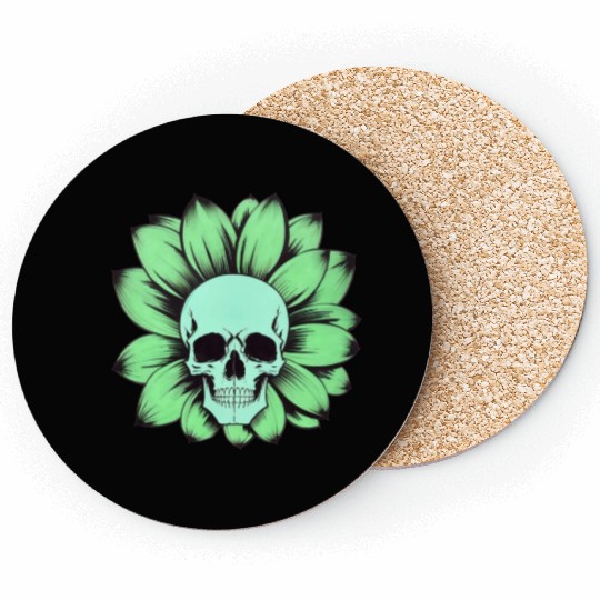 Green Toxic Sunflower Skull Vintage Style Coasters