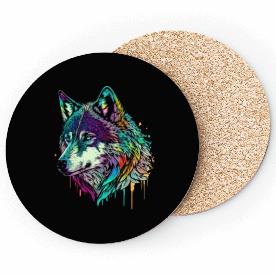 Vibrant Psychedelic Wolf Illustration Coasters