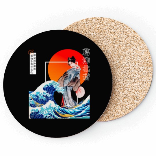 The Great Wave off Kanagawa'n woman wearing kimono Coasters