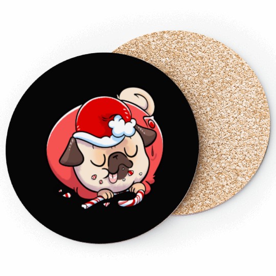 Pug Elf Candy Cane Coasters