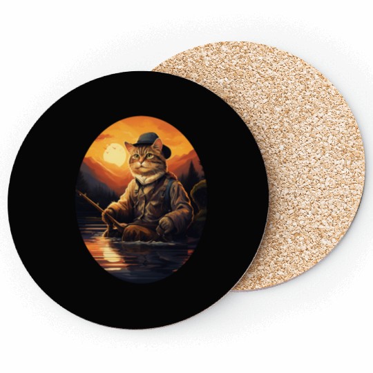 Cat On Fish Cat Fisherman Coasters