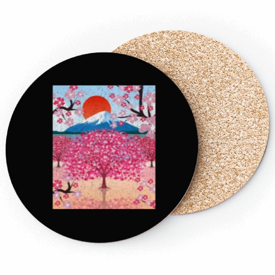 Sunset Sakura Mountains Gift Cherry Blossoms Coasters