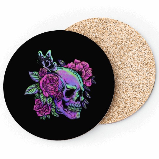 Skeleton Coasters, Neon Skull Roses Gothic Skeleton