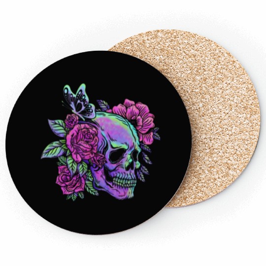 Skeleton Coasters, Neon Skull Roses Gothic Skeleton