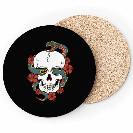 Human skull, snake and hibiscus flower. Coasters