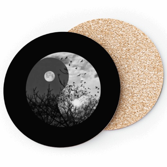 Yin and Yang of Moon and Sun in Black and White Coasters