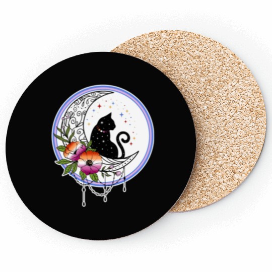 Galaxy Cat and Flowers in Lesbian Flag Colors Coasters