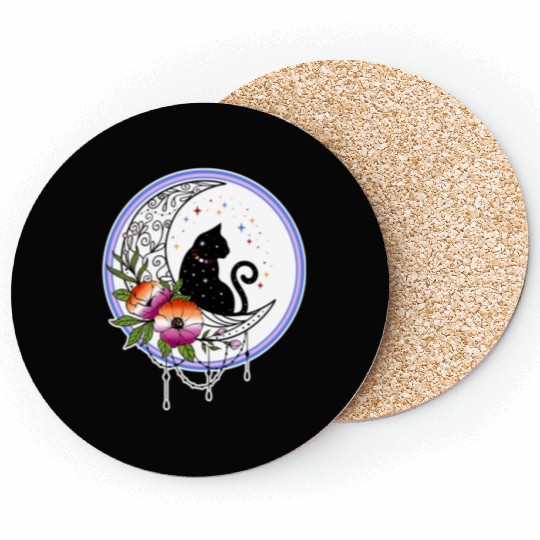 Galaxy Cat and Flowers in Lesbian Flag Colors Coasters