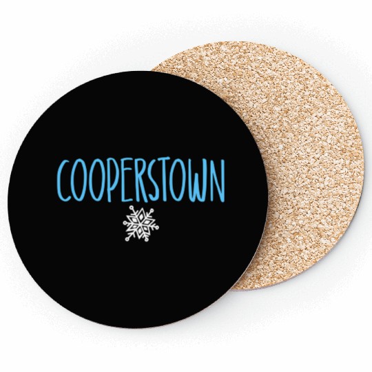 Cooperstown Ny Snowflake Drawing Light Blue Text Coasters