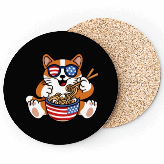 American Flag Cat Eating Ramen Food Lover Design Coasters