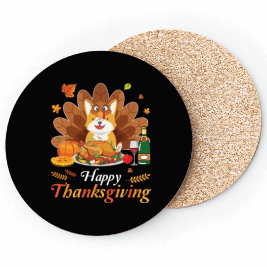 Corgi Turkey Costume Wine Pie Pumpkin Happy Coasters