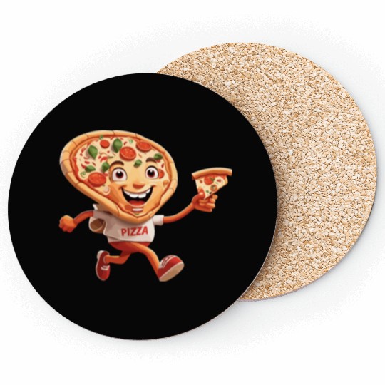 Cartoon Character of Pizza Running Design Coasters