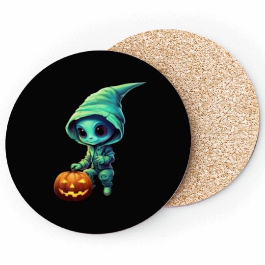Halloween Alien with Pumpkin - Green Coasters
