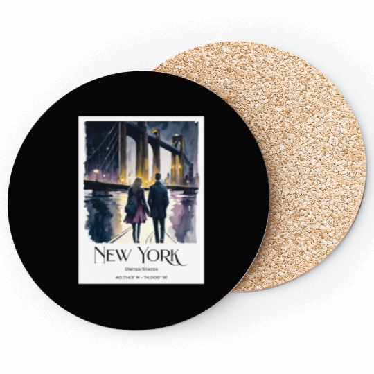 Watercolor painting loving couple in New York City Coasters