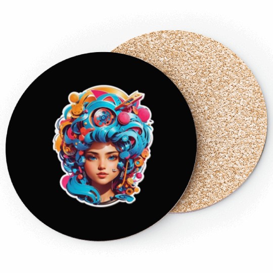 Psychedelic girl with multi color hair. futuristic Coasters