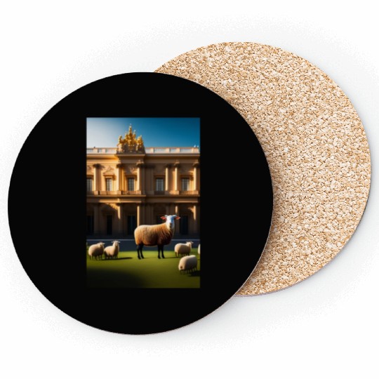 sheep in baroque armor in front of palace made of Coasters
