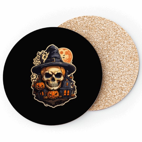 Halloween Skull House with Hat Premium Coasters