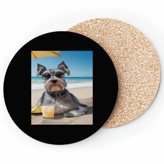 Schnauzer Chilling at Beach with a Drink Coasters