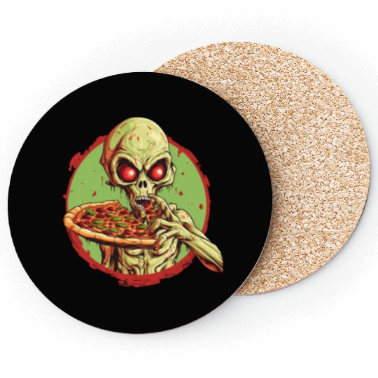 Green Alien with Pizza: Halloween Fast-Food Fun Coasters