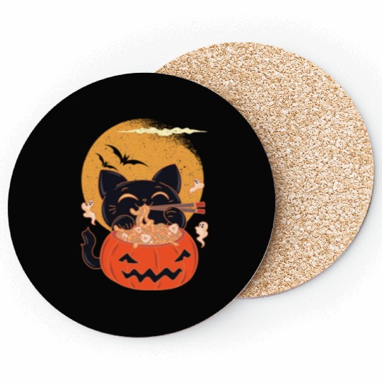 Kawaii Creepy Cat Eating Ramen Noodles Halloween Coasters