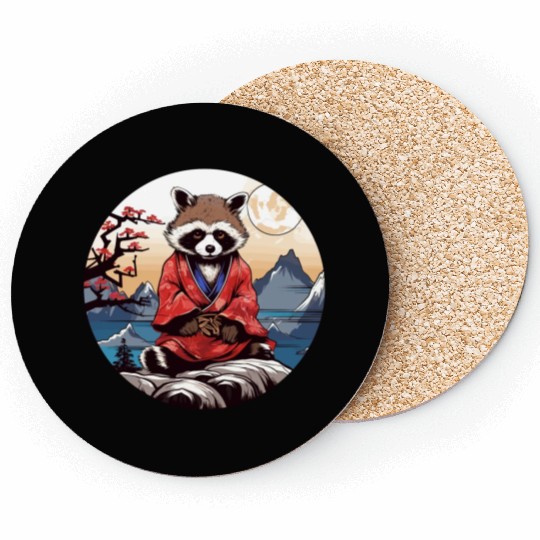 tanuki raccoon dog in kimono in anime style Coasters
