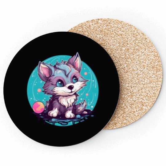 Digital Art Fox Sitting on Rock Crescent Moon Coasters