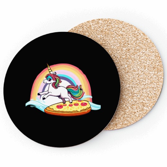 Unicorn surfs for pizza with rainbow Coasters