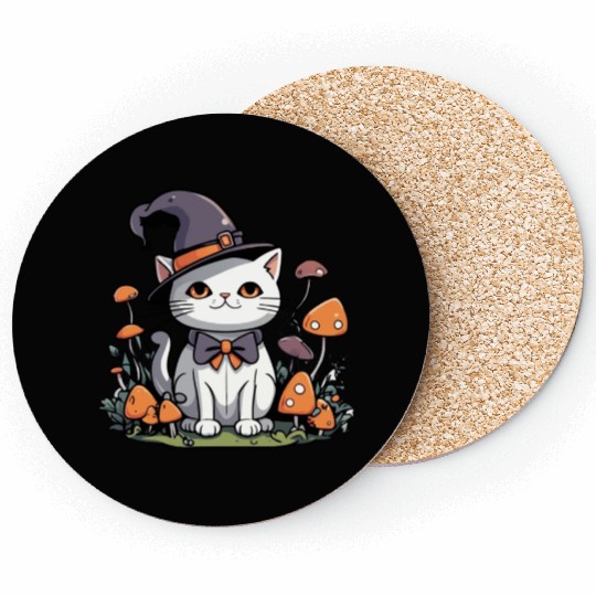 Whimsical Witch Cat with Mushrooms Coasters