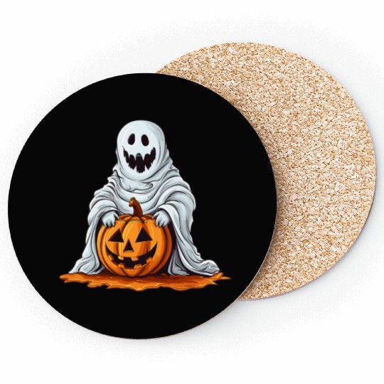 Funny Halloween Pumpkin With Cute Ghost Coasters