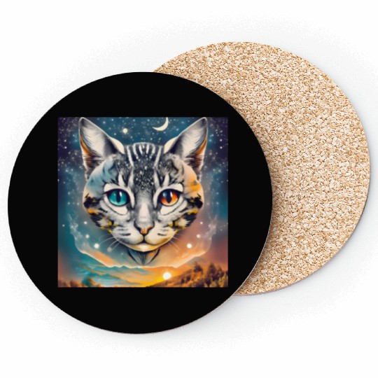 Cat With Two Different Color Eyes Fantasy Art Coasters
