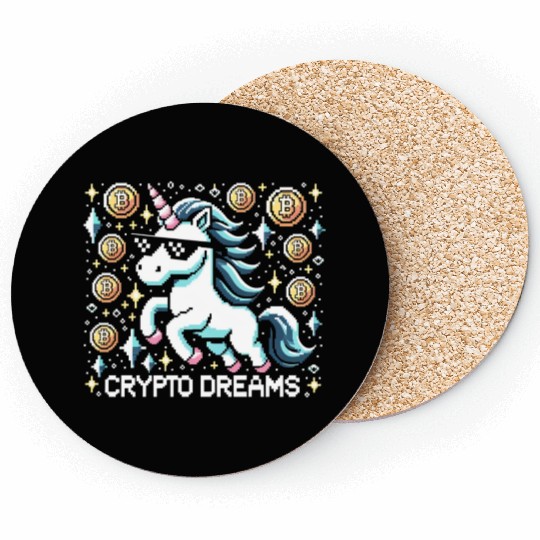 Crypto Dreams - 8-bit Unicorn Amidst Digital Coins Coasters