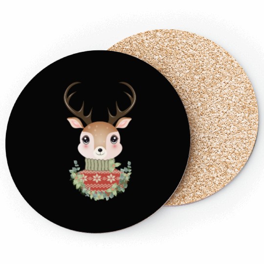cute deer with sweater and Christmas wreath Coasters