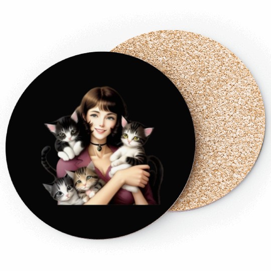 Pretty Cat Lady with Cute Kittens Coasters