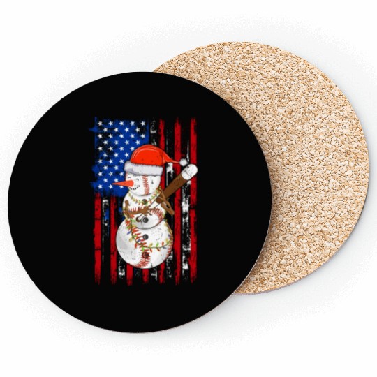 Christmas Snowman Playing Baseball Us Flag Xmas Coasters