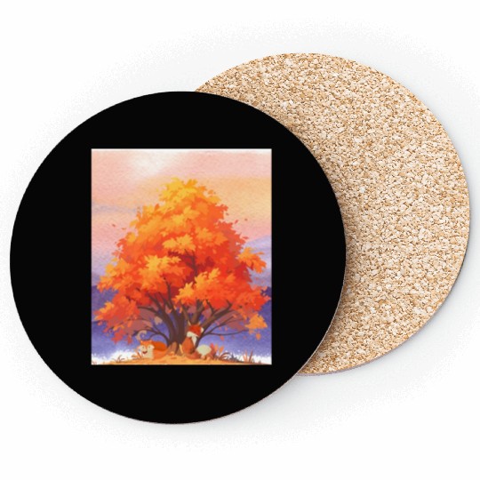 Autumn Serenity - Watercolor Foxes Under The Tree Coasters