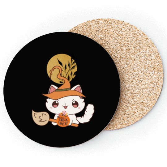 "Kawaii Witch Cat - Trick or Treat" Coasters
