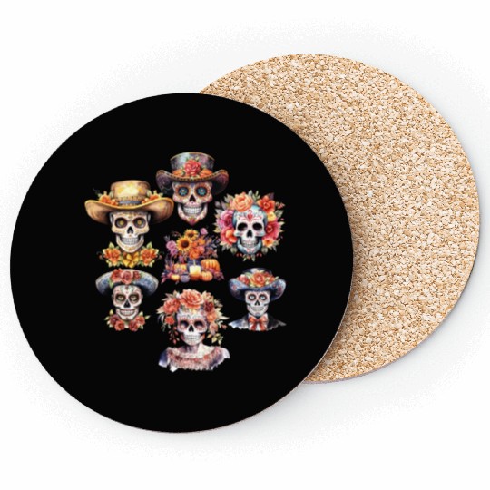 Vintage Mexican Day of the Dead Art Sugar Skulls Coasters