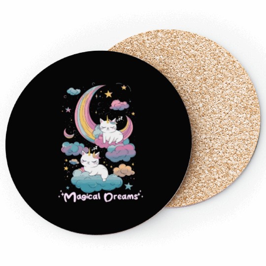 Magical Dreams Sleeping Cat Unicorns Pastel Clouds Coasters