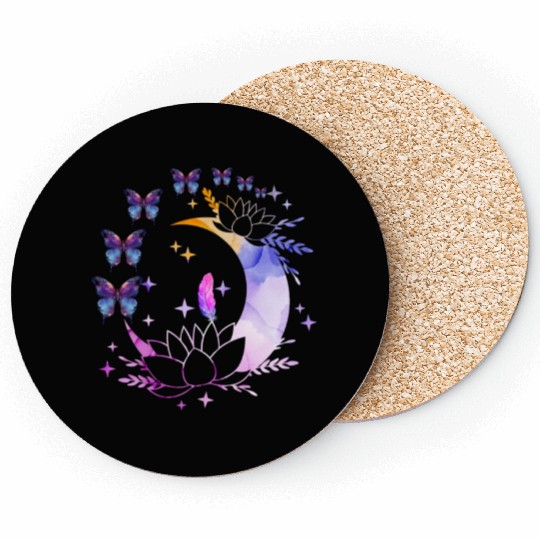 Celestial Serenity Moon, Lotus, Feather, butterfly Coasters