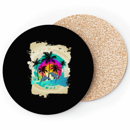Dolphin Palm Tree Sunset Coasters
