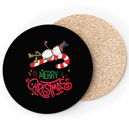 Merry Christmas Snowman, Lying On Candy Cane Coasters