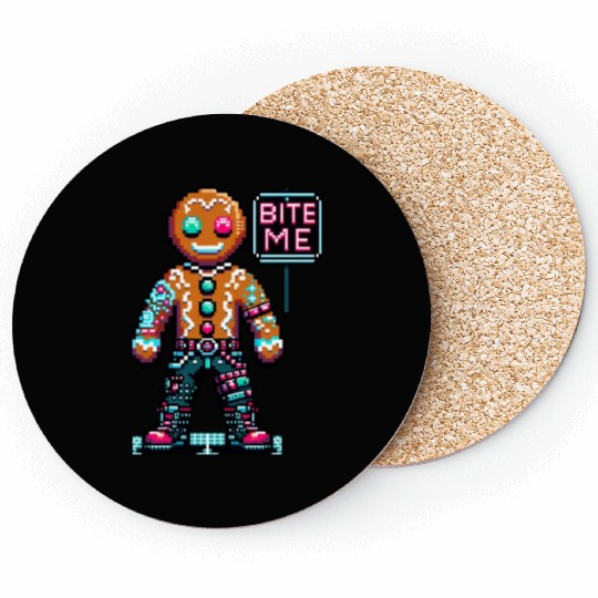 Cyberpunk Gingerbread Man Neon 'Bite Me' Christmas Coasters