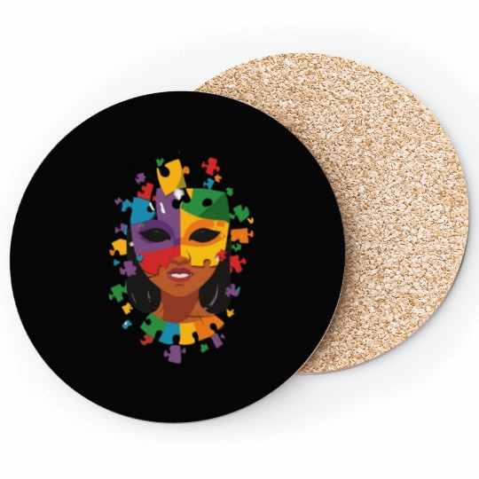 Black Female Face Silhouette Mask Puzzle Coasters