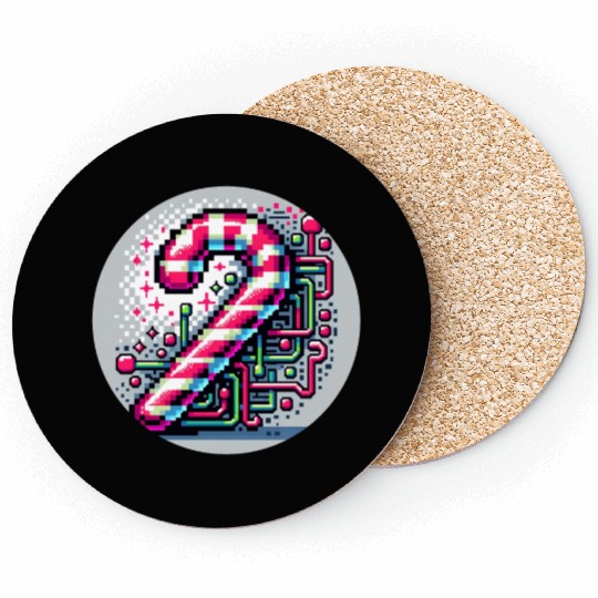 Neon Cyberpunk Candy Cane 8-Bit Pixel Christmas Coasters