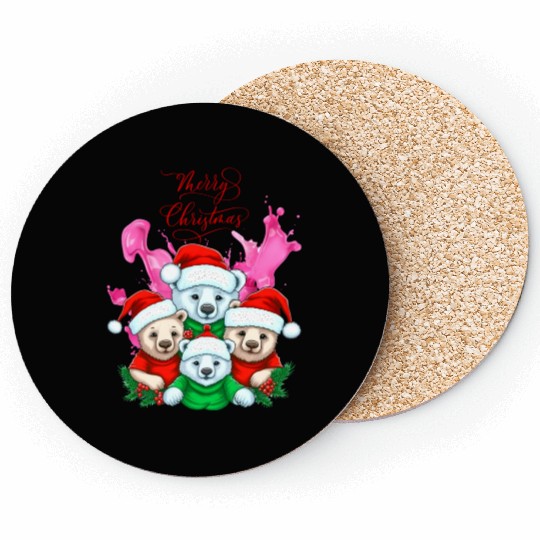 Christmas Polar Bear Family Illustration Coasters