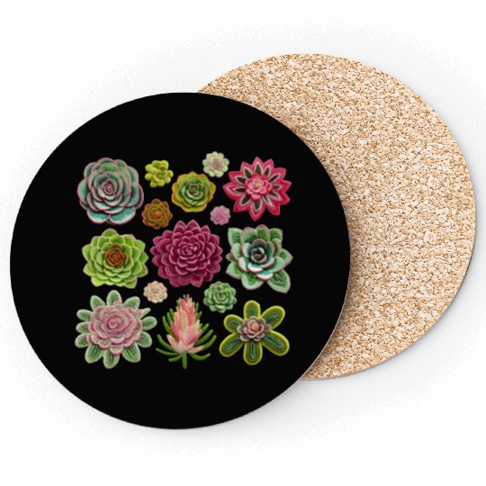 Whimsical Fake Embroidered Succulents Design Coasters