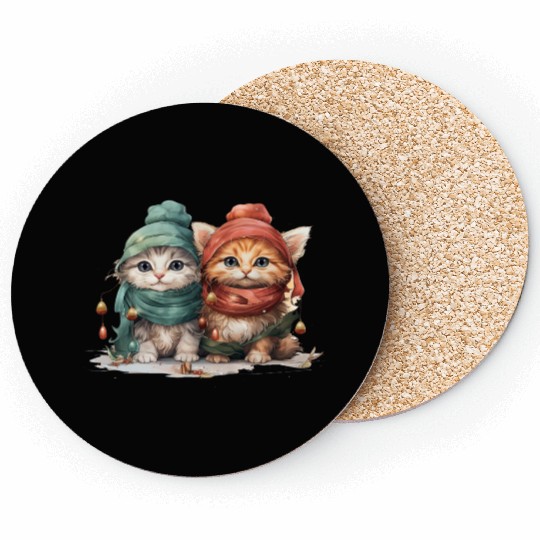Sweet and playful Christmas kittens wearing hats Coasters