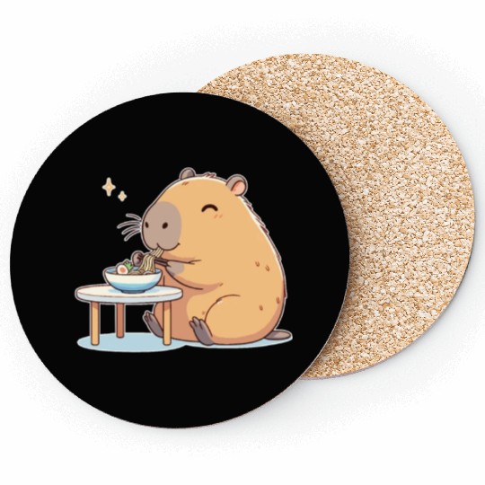 Cute Capybara Eats Ramen Noodles Capybara Ramen Coasters