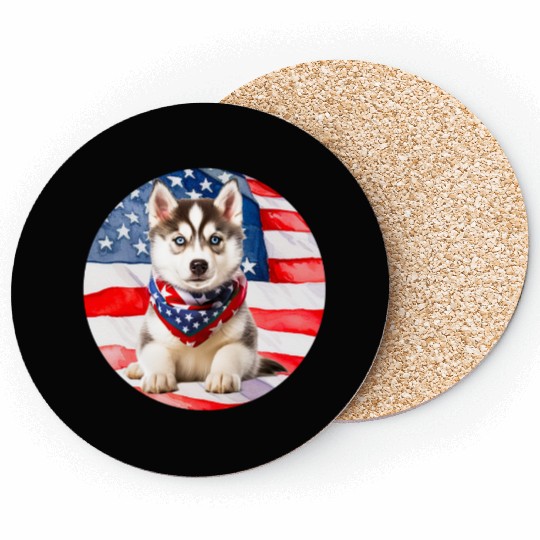 beautiful Siberian Husky with American Flag Coasters