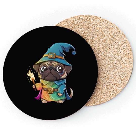 Colorful Kawaii Pug Wizard Coasters